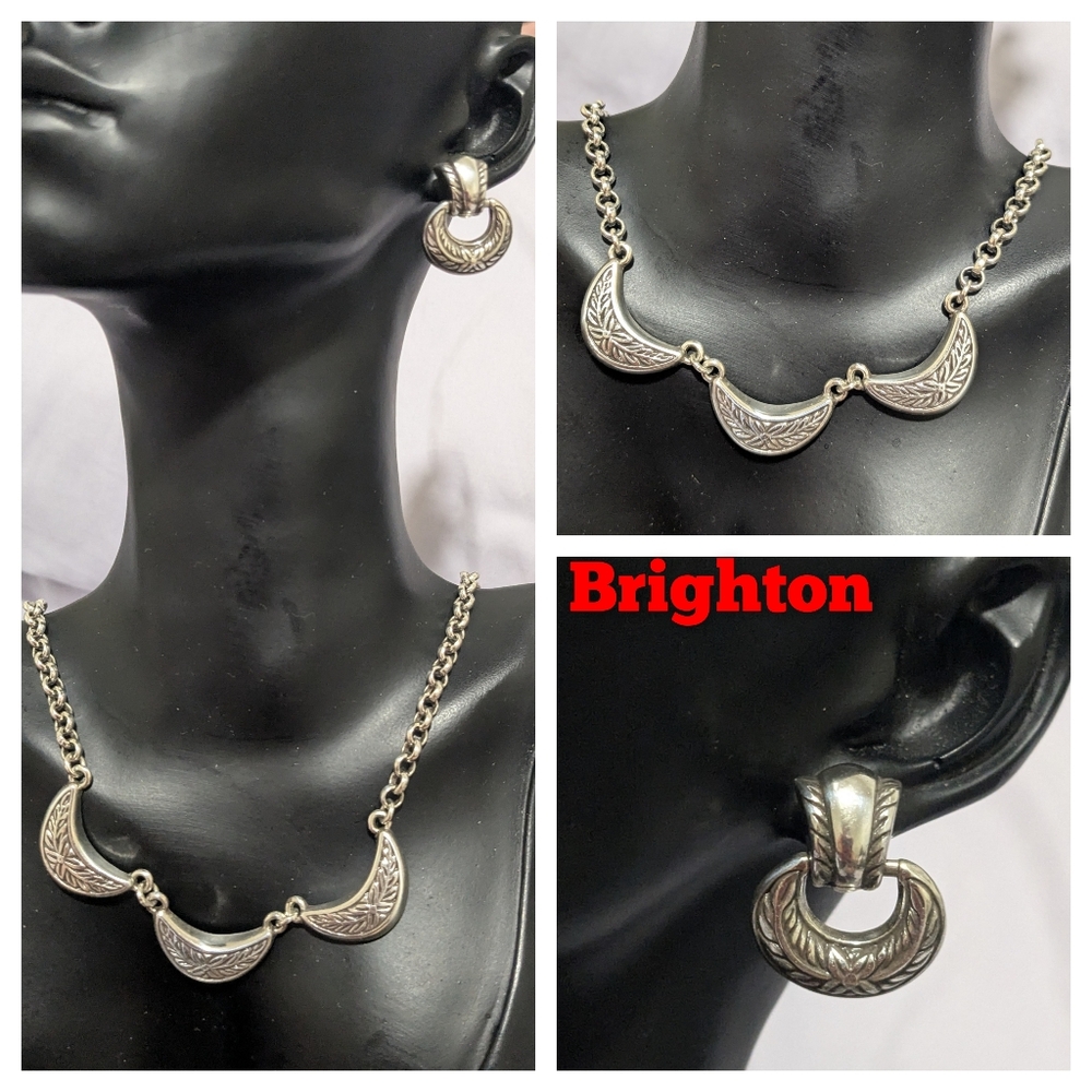Brighton Laurel Leaf Collar Oval Link Silver Necklace And Earrings